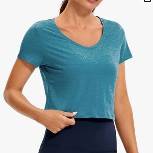 ⭐️CRZ Yoga teal women's Workout Crop Top Short Sleeve V-Neck